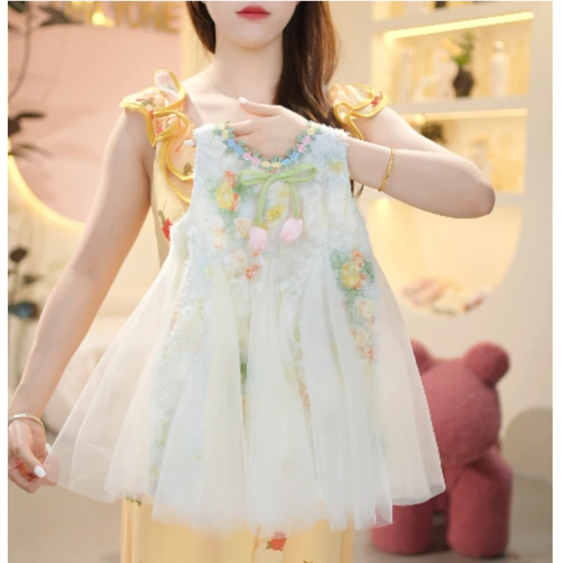 [现货]女童连衣裙2025新款夏季女孩公主裙网纱裙棉内碎花背心裙