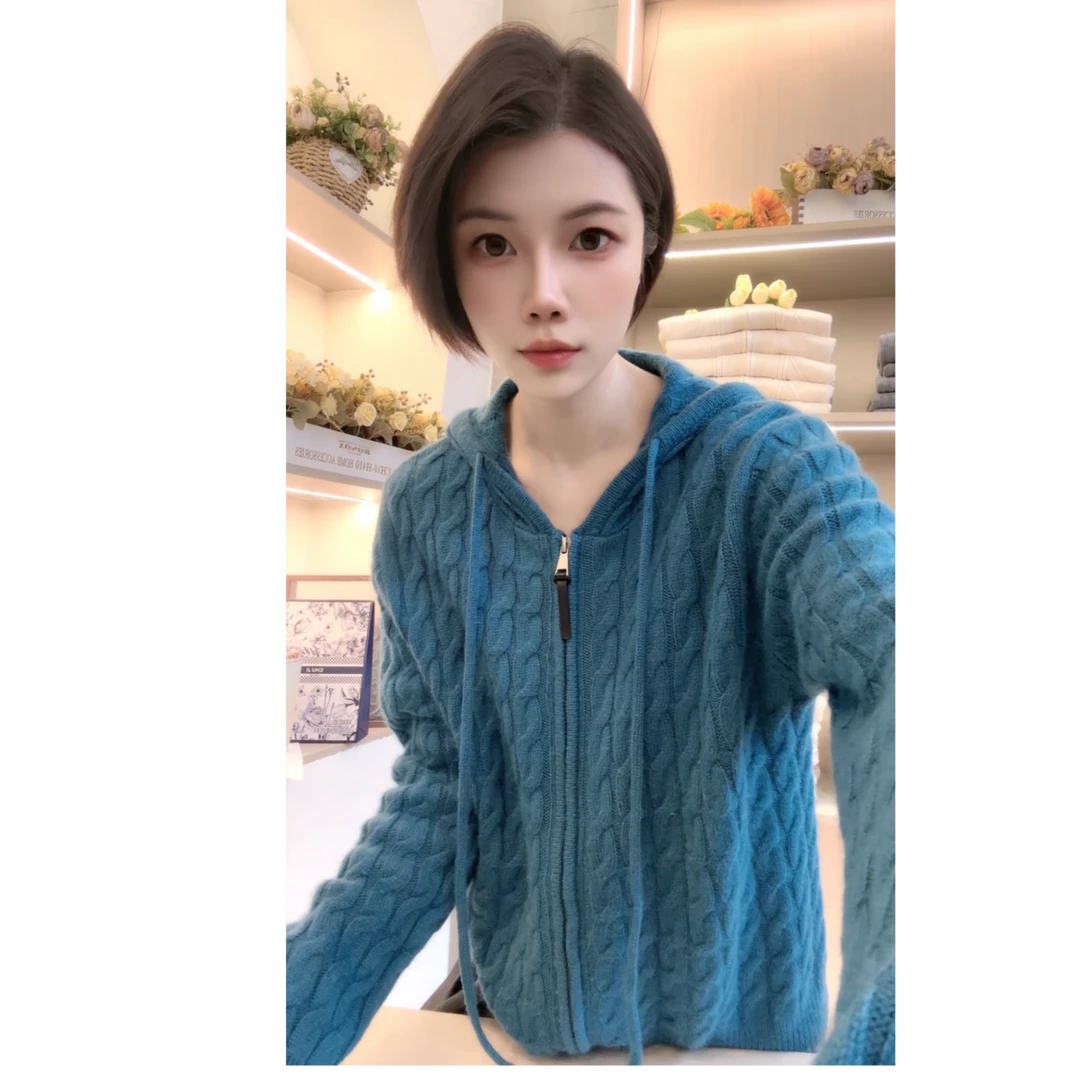 [编码A119]妮妮家纯色连帽开衫宽松百搭长袖针织女厚
