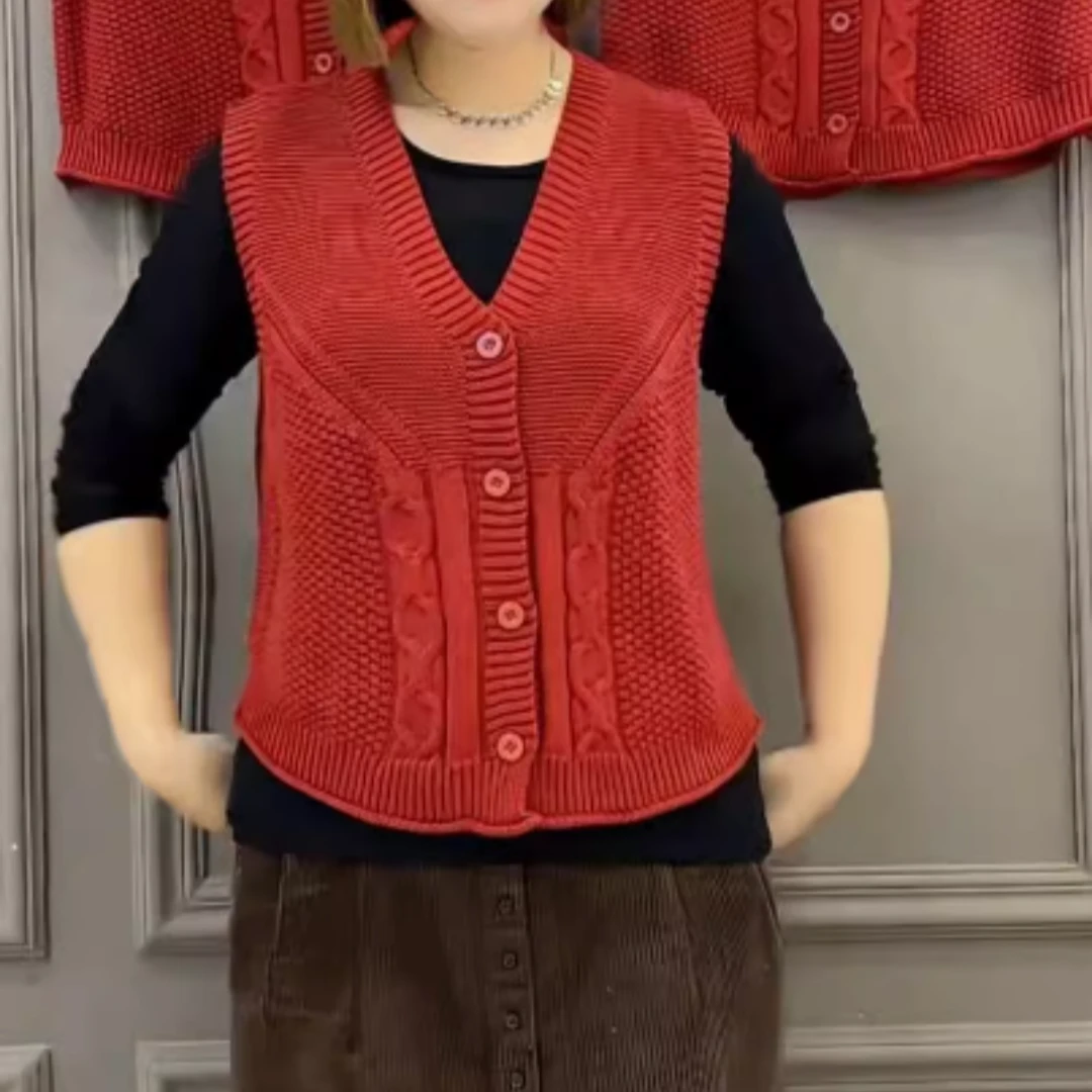 春季新款矮个子宽松V领针织马甲女士复古短款叠穿外搭马夹6917