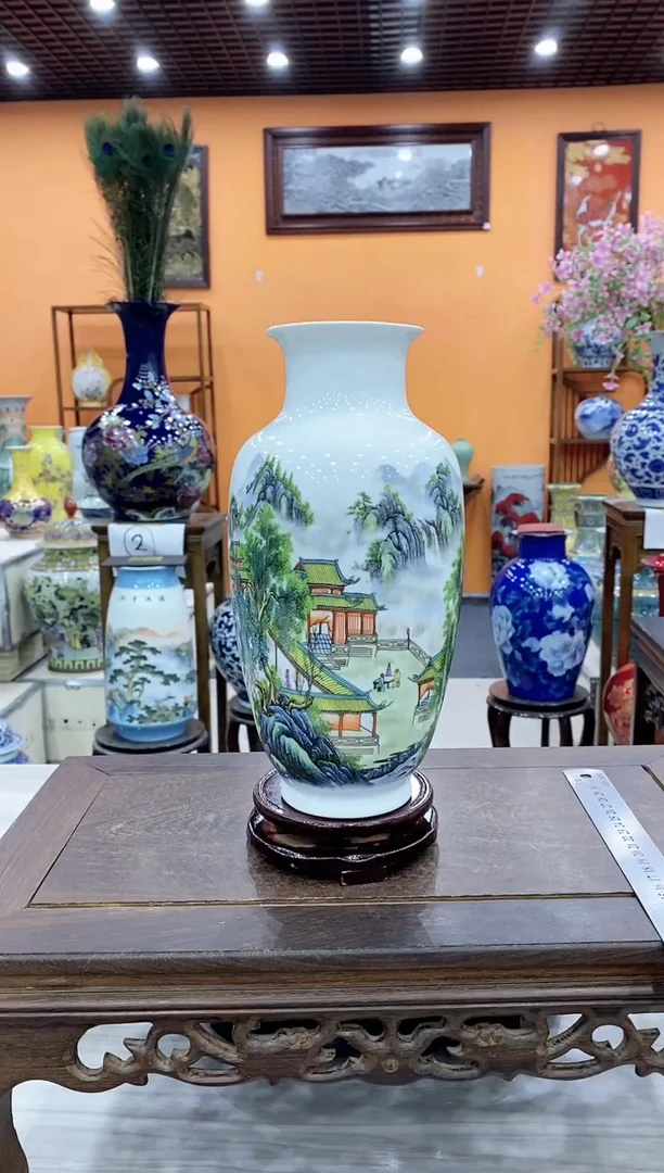 摆件《秋云静晚天》高28cm瓷瓶+旋转底座