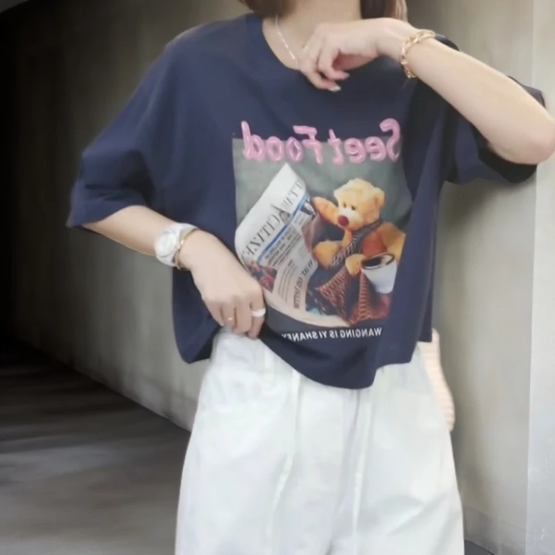 【小熊】2025夏季新款时尚休闲气质韩版T恤上衣宽松圆领