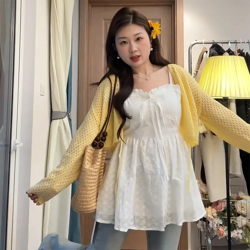 【6550】大码女装胖mm法式甜美吊带背心外搭长袖开衫两件套装穿搭