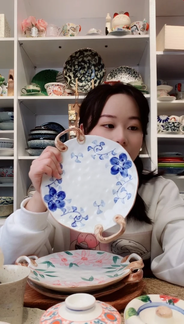 陶瓷【清仓】蓝色唐草风花花双耳平盘