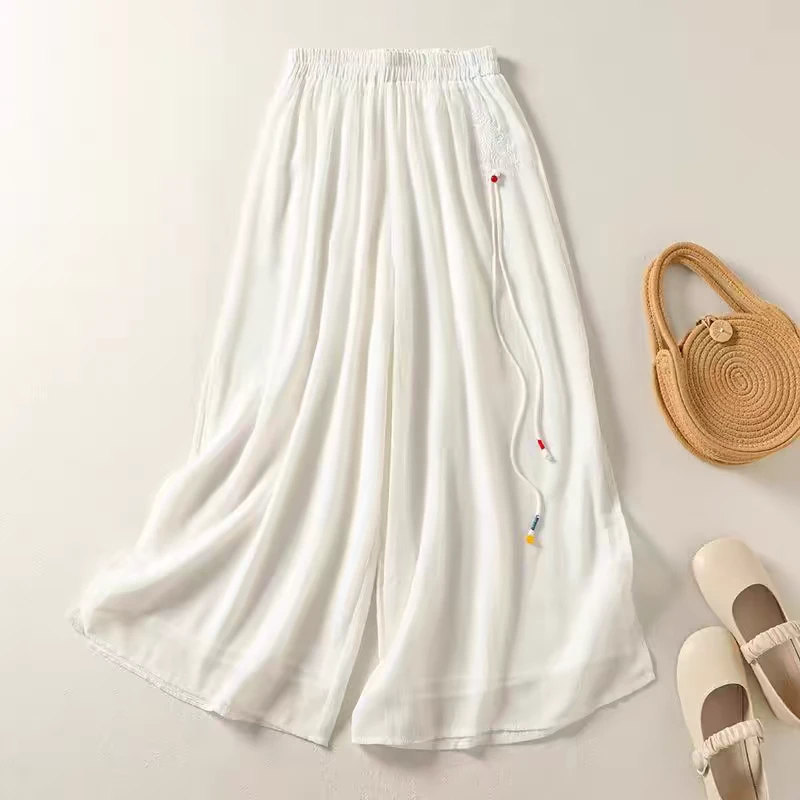 国风刺绣阔腿裤女夏季仙女薄款裙裤显瘦高腰垂感休闲裤子