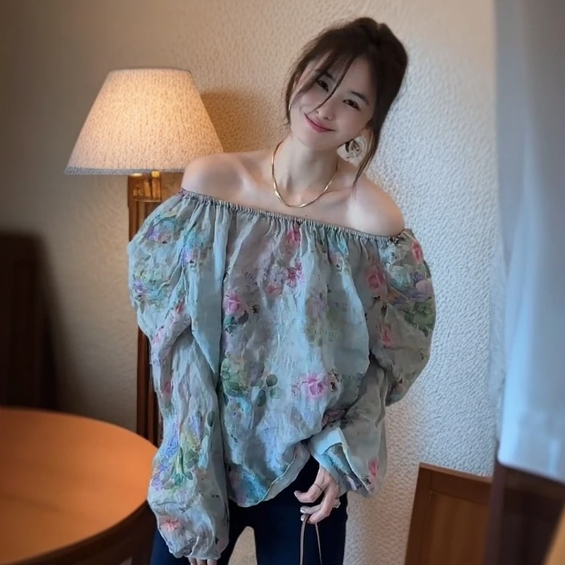 2025新款开春小众多巴胺穿搭欧货爆款上衣法式一字肩碎花衬衫女装