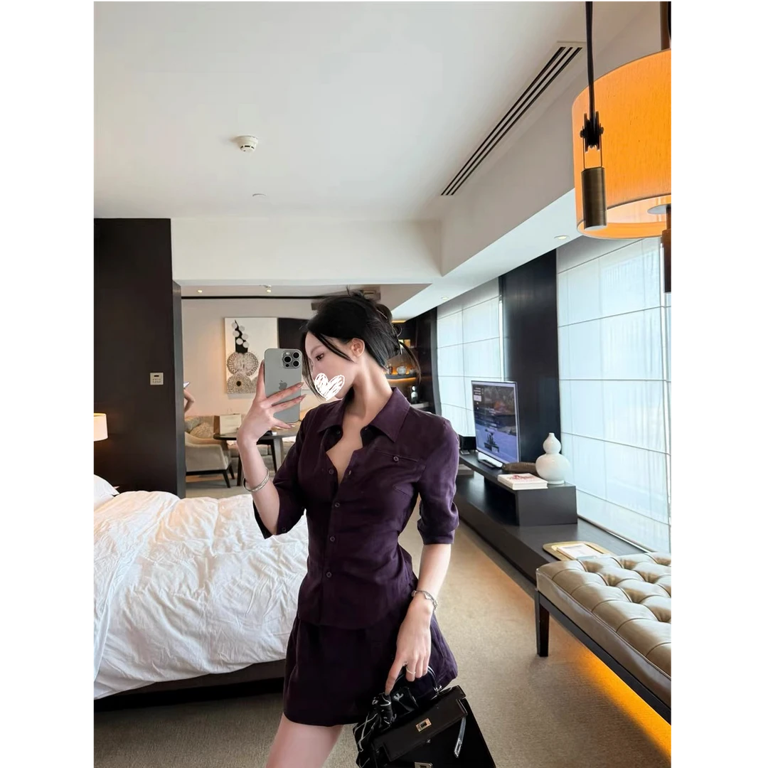 优秀的金蘑菇【老钱clean fit】定染显白衬衫套装夏季半身裙两件套