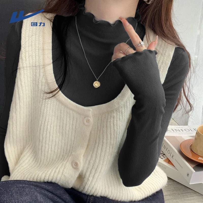 回力黑色打底衫女2025新款秋冬高级感半高领毛衣木耳边针织衫上衣