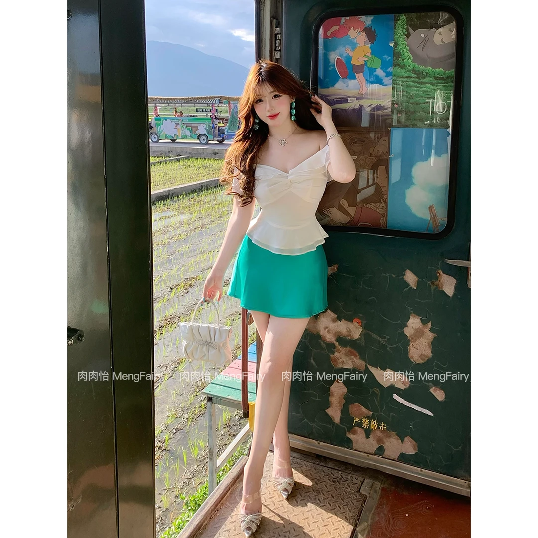 萌面侠肉肉怡【茉香风浅】甜美花边少女上衣显瘦A字半裙5439B 5440B