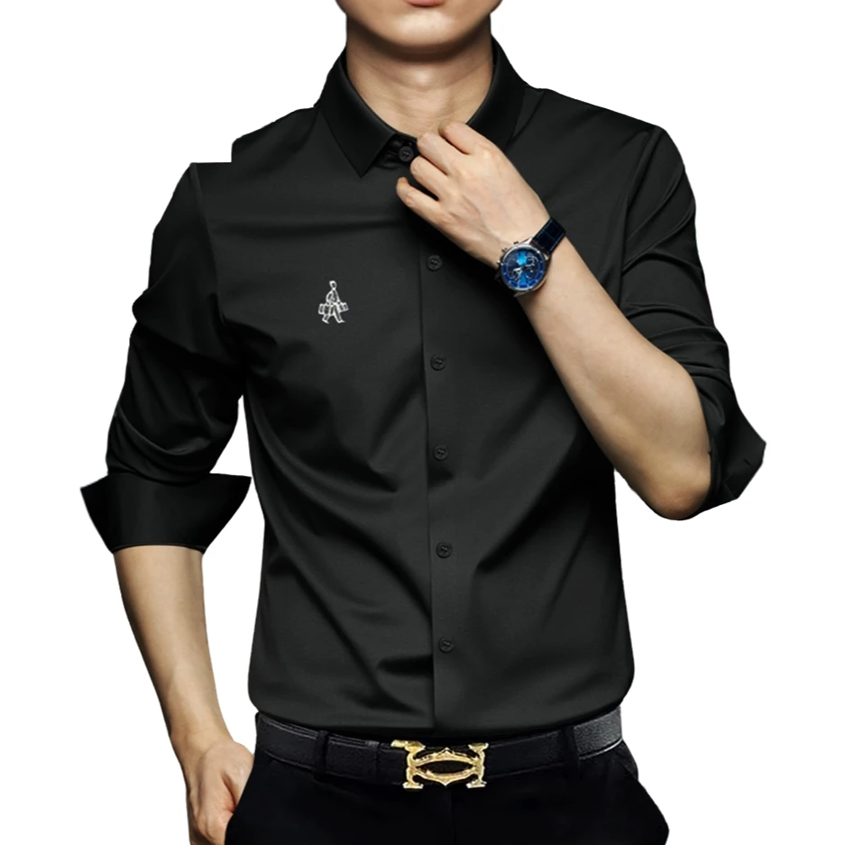 秋冬新款加绒保暖男士黑色长袖衬衫男款高端免烫抗皱商务休闲衬衣