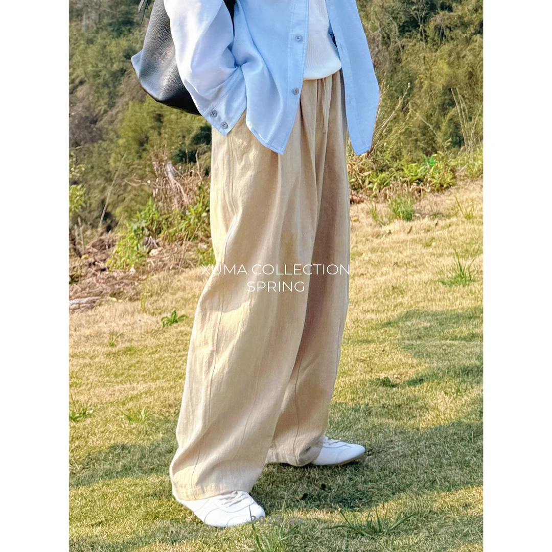 XUMA 2025春夏“老爹裤”亚麻混纺轻薄宽松复古休闲日系百搭休闲裤