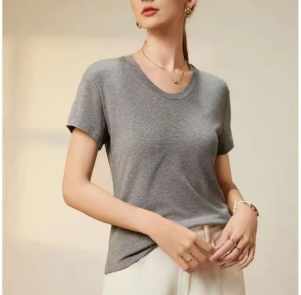 【凡黛卡】2025年新款时尚百搭显瘦短袖T恤女圆领纯色上衣 HT003