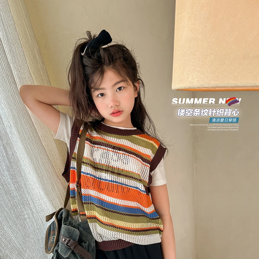 女童上衣春新款条纹洋气镂空叠穿百搭毛衣背心MS697