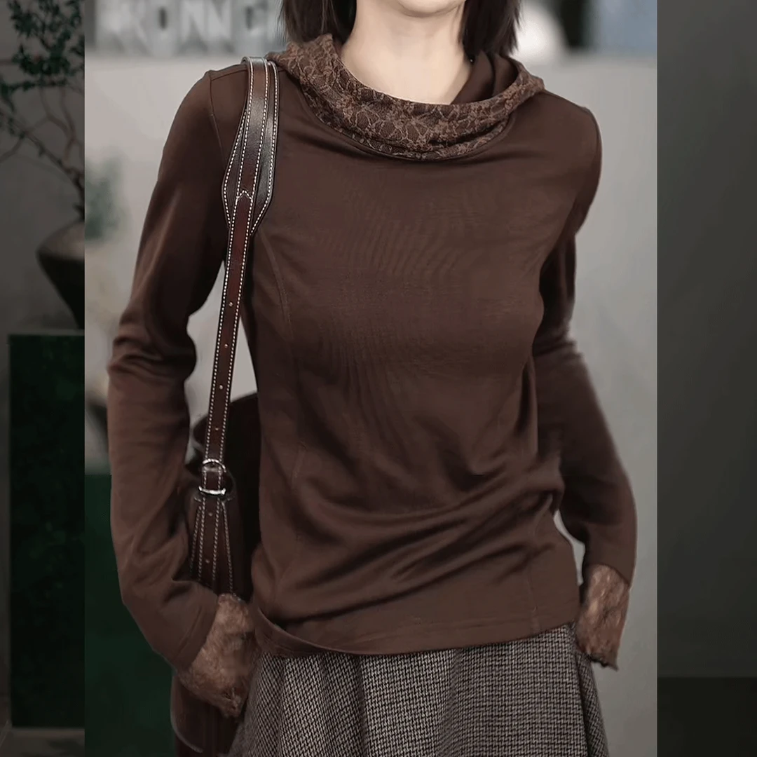 溶溶【柔光月影】RONGRONG醋酸绵羊毛拼接连帽蕾丝打底衫U-A8965946
