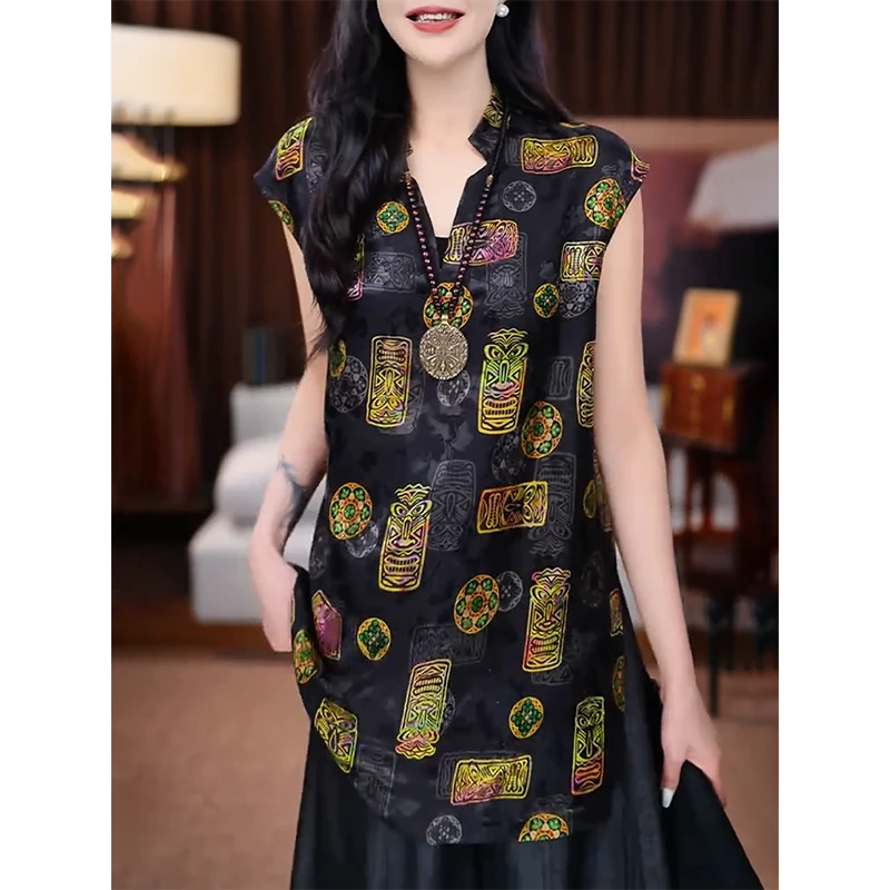 新中式国风复古时髦印花短袖夏季轻奢舒适精致新款大码女装