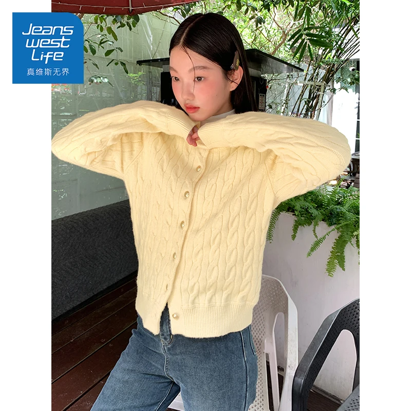 真维斯无界春秋款加厚绞花开衫女奶黄色百搭可爱风女装修身显瘦款