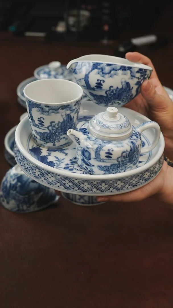 鬼谷子4件套景德镇瓷器，青花瓷手绘茶具