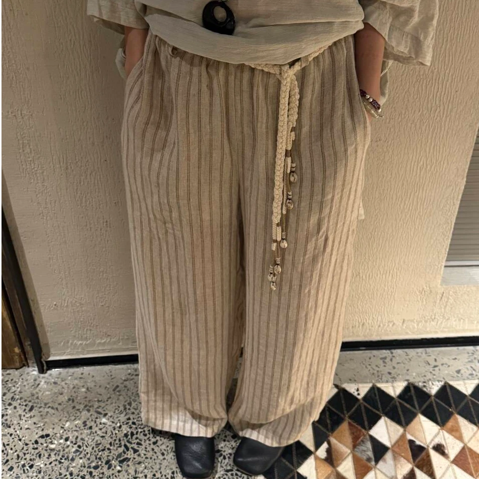 S.SHUi 工艺抽绳亚麻条纹裤夏季舒适百搭