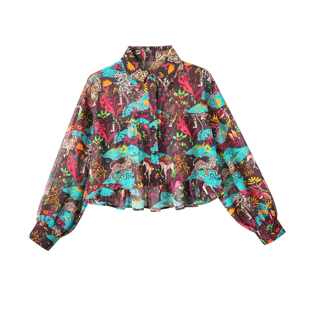 【奈良公园】设计师款雪纺印花小众早秋气质衬衫【240710】