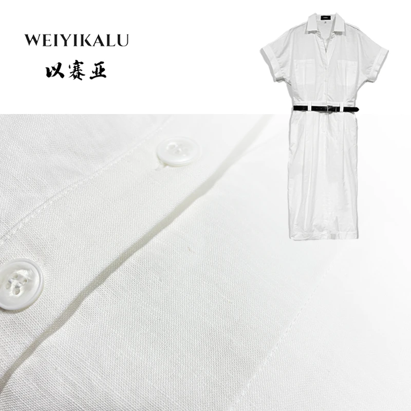 以赛亚 星芒夏日 25年夏日轻薄透气亚麻收腰显瘦短袖连衣裙女5997