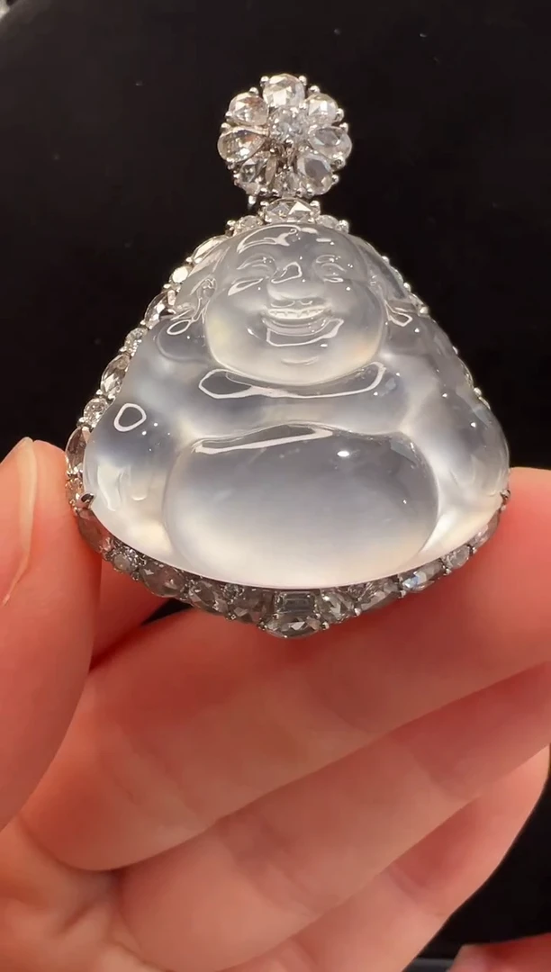 吊坠(不含链)18K金镶嵌翡翠玻璃种白冰佛公吊坠