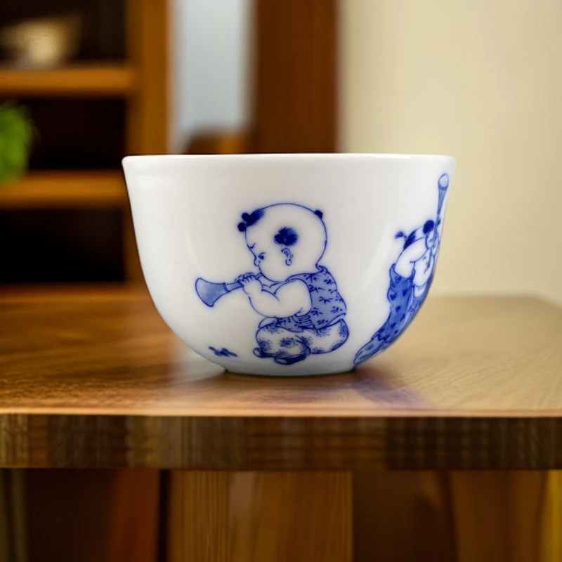 景德镇九段烧妙手青花款手绘青花三童子小缸杯主人杯陶瓷茶杯茶具