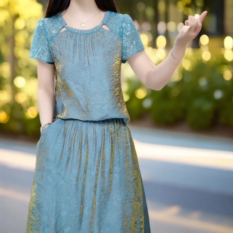 夏季新款透气显瘦国风套装时尚优雅减龄洋气上衣半身裙