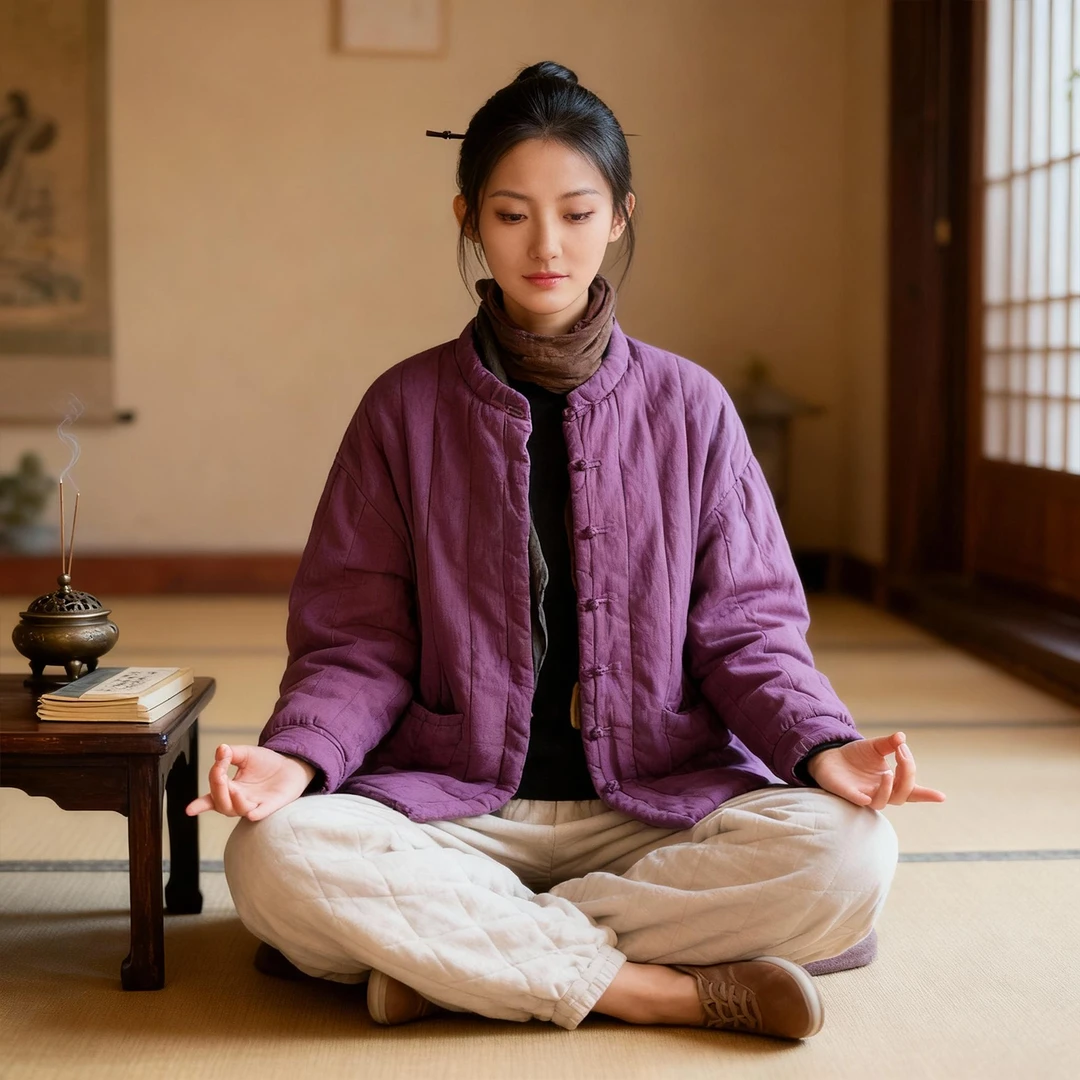 禅修居士服女款冬季禅意佛系女装新中式棉袄素衣套装棉麻夹棉外套