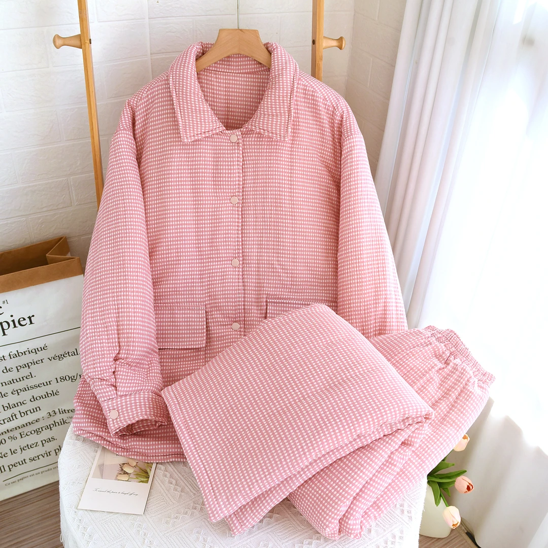 秋冬三层夹棉新款女士简约保暖加厚棉袄情侣睡衣家居服套装