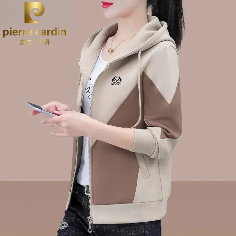 皮尔卡丹时尚撞色开衫外套女春秋新款中年洋气连帽卫衣百搭上衣女