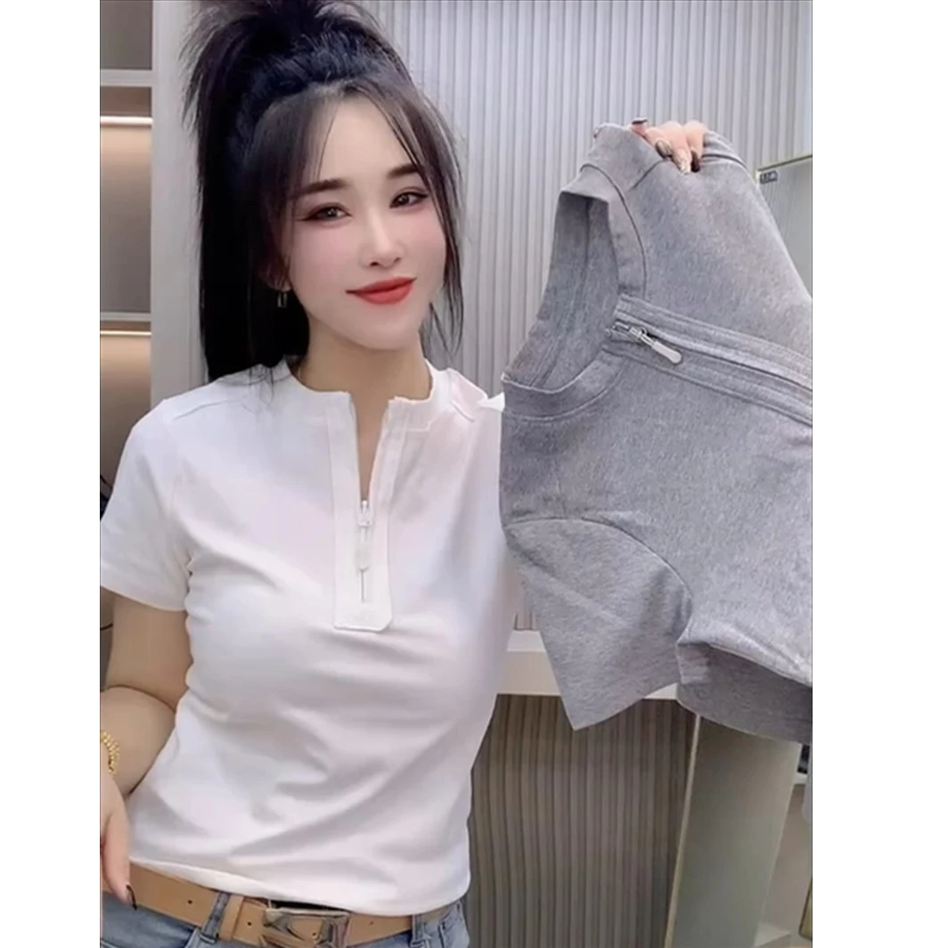 纯棉短袖t恤女2025夏季新款设计感半拉链百搭简约休闲上衣体恤衫