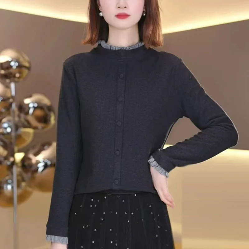 冬季新款木耳花边领上衣长袖T恤气质设计感打底衫女