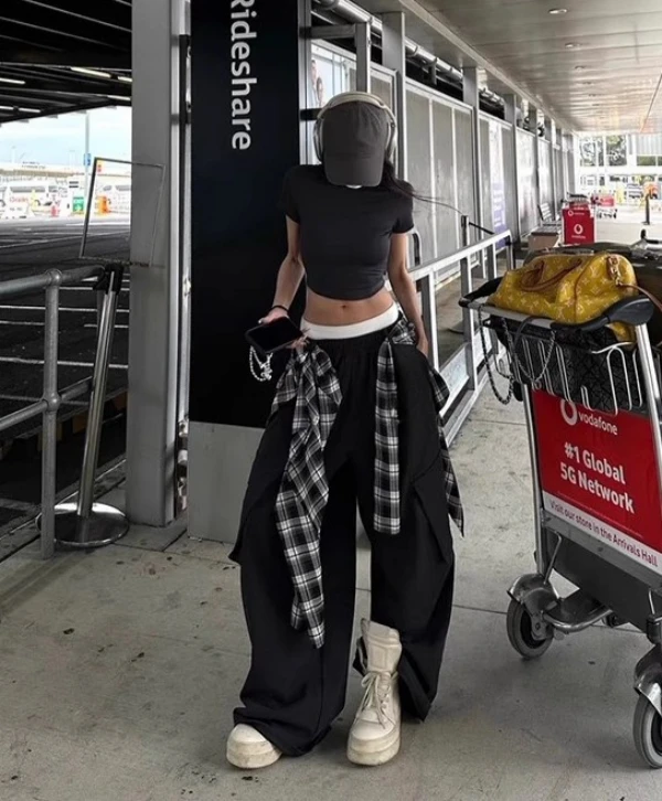 美式复古黑色格子屁帘休闲阔腿裤女街头泽西风街舞叠穿宽松工装裤