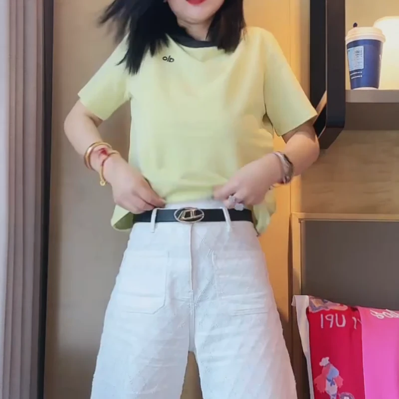 2025春夏新款欧若风字母刺绣领口撞色拼接短袖上衣LK2502423