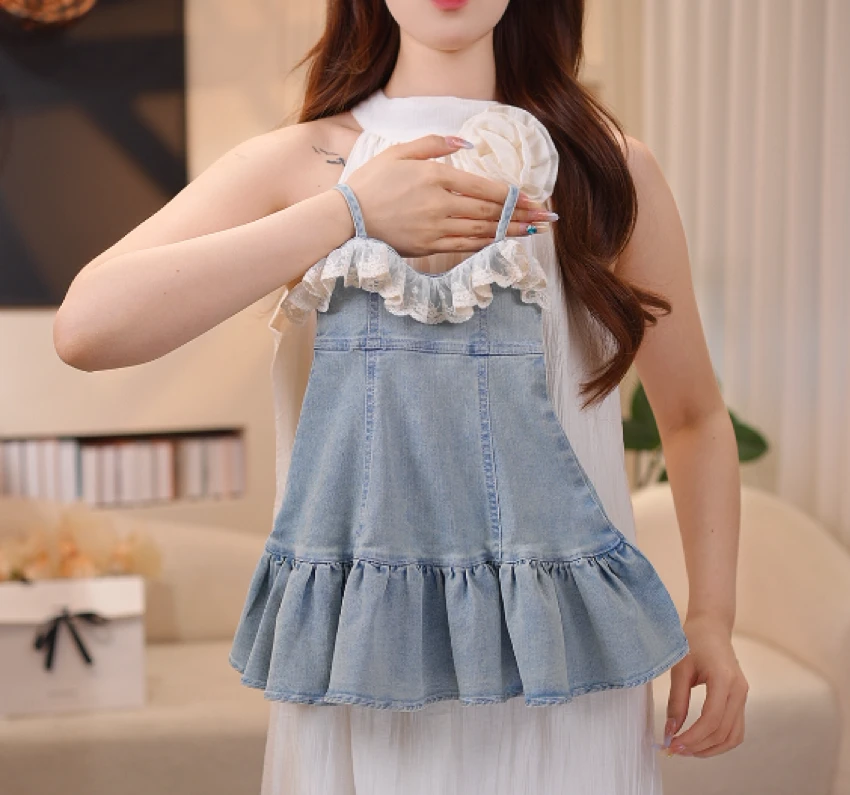 【1】夏季女童小众设计多片裁剪拼接蕾丝花边牛仔连衣裙