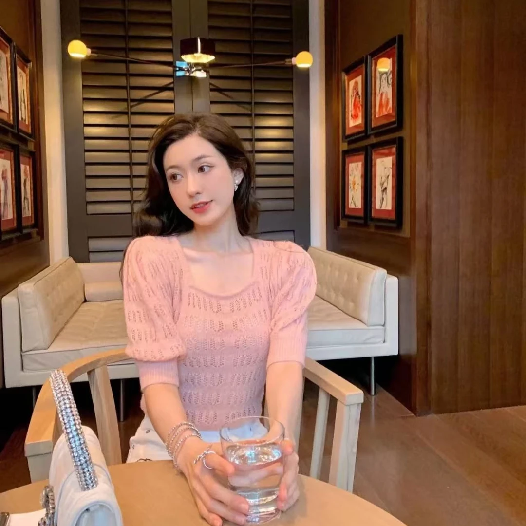 未使用 MIU MIU/缪缪 镂空针织泡泡短袖针织衫