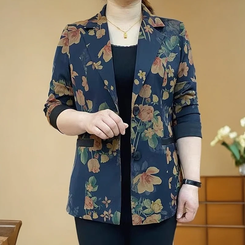 春夏新款气质款印花西服外套女时尚百搭休闲小西装修身显瘦妈妈装