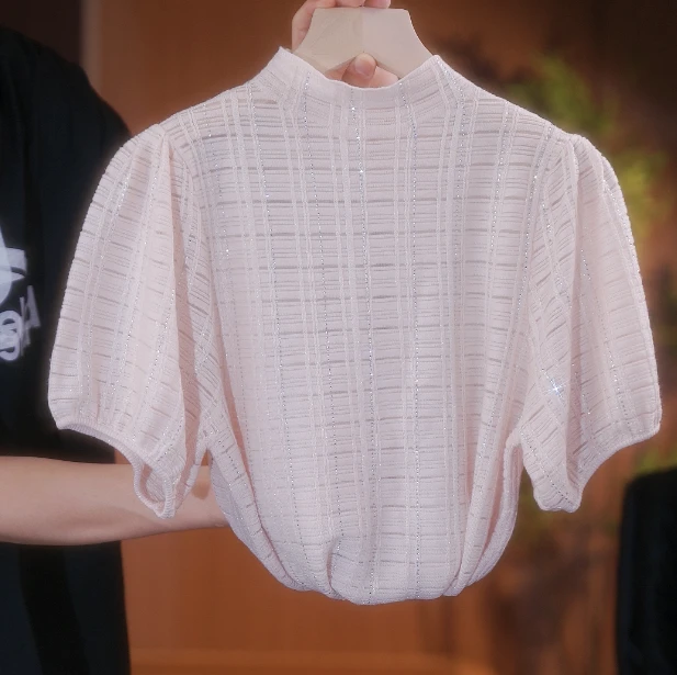 2025新款 赫本羊毛金丝葱高级感薄款烫钻半高领针织T恤-2918