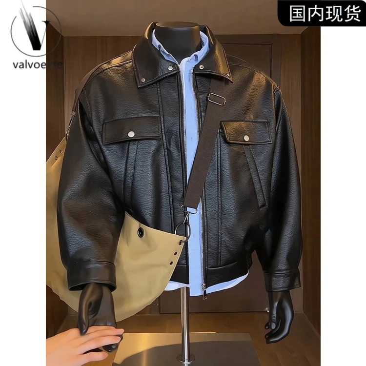 黑色美式短款皮衣外套男款秋季vintage哈灵顿夹克翻领机车棒球服