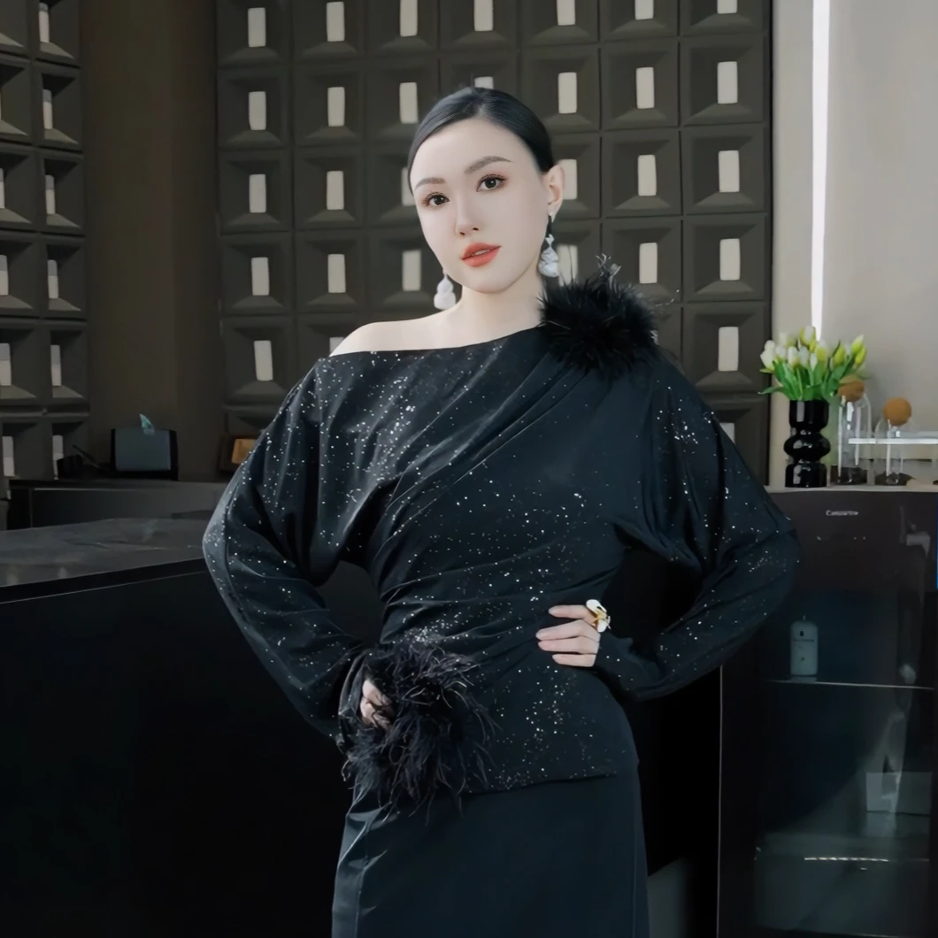 春季新款不规则设计感修身显瘦长袖亮片细闪捏褶女士上衣