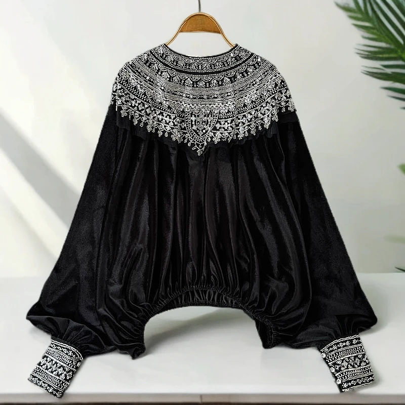 2025年春季新款法式气质重工亮片钉珠长袖衬衫女洋气宽松雪纺衬衣