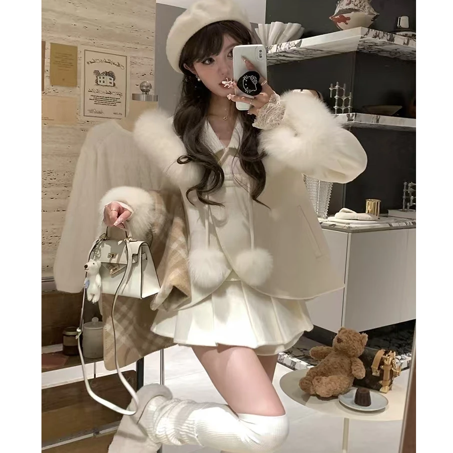 秋冬洋气大码毛领披肩呢子大衣女气质上衣半身裙时尚套装10452