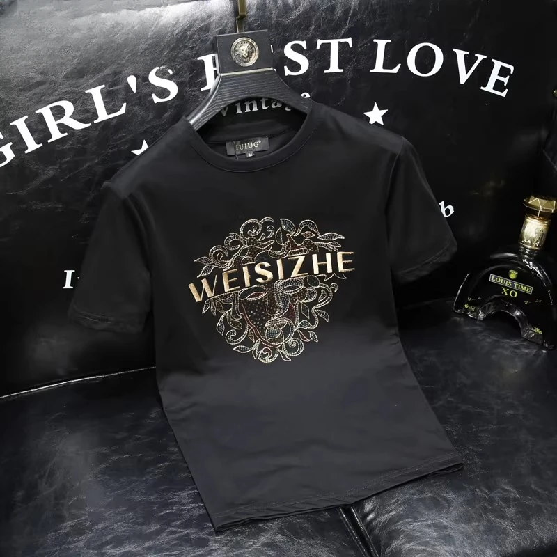 佩托本那轻奢夏季网红刺绣男士短袖T恤丝光棉弹力修身时尚百搭潮T