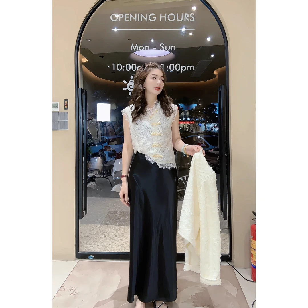 涵儿家 春季复古国风新中式V领盘扣亮片蕾丝背心