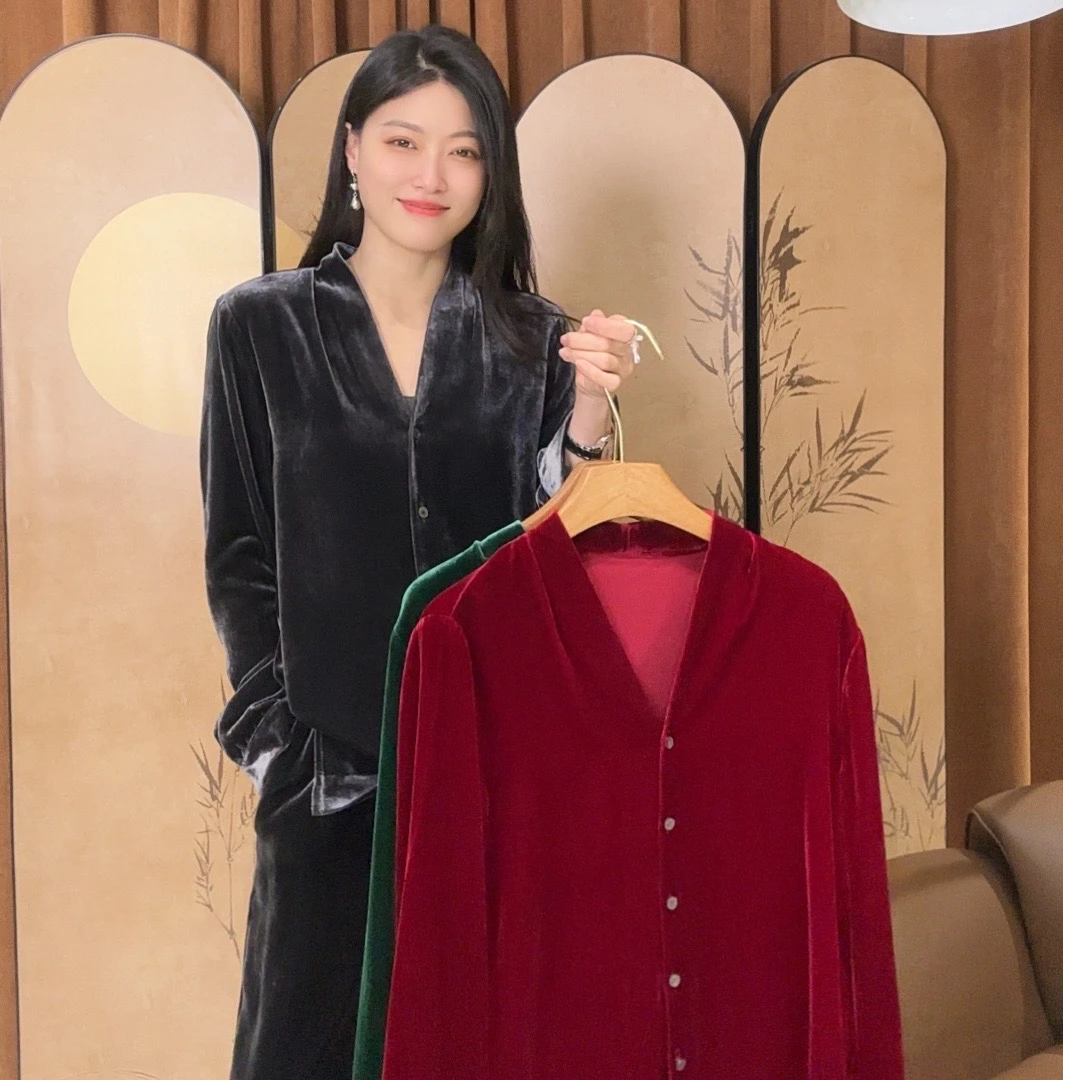 真丝丝绒净版显瘦正肩款V领衬衣