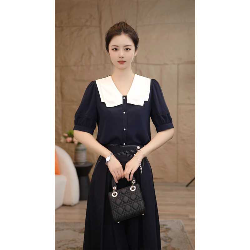 【南桥甄选】曼贝夏季藏青色黑色短袖衬衫泡泡袖娃娃领气质宽松洋气