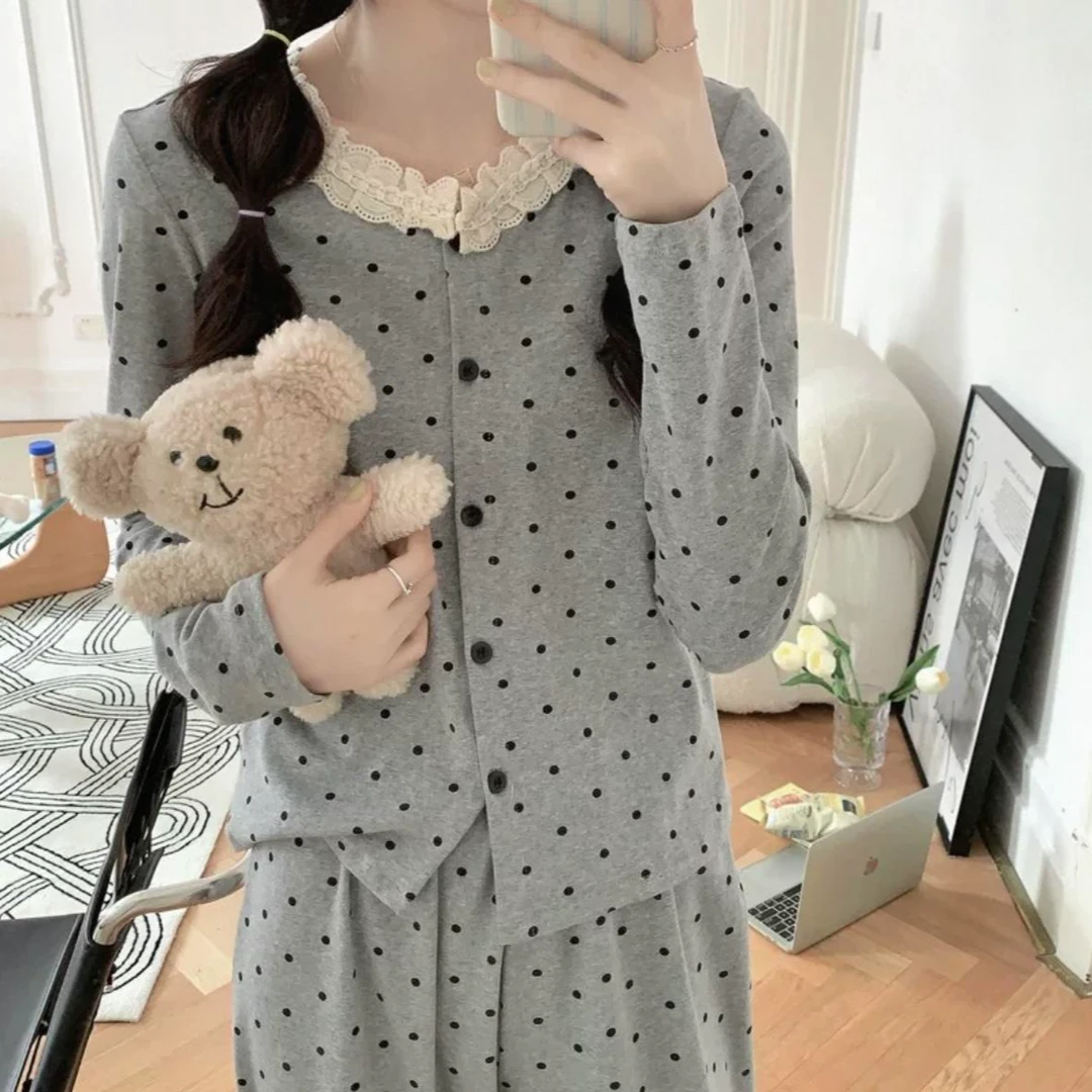 女士纯棉带胸垫蕾丝花边圆领开衫长袖长裤家居服睡衣女套装可外穿