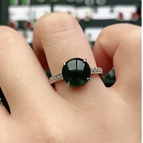 鑫辰珠宝天然A货翡翠银镶嵌设计款开口女戒指时尚百搭