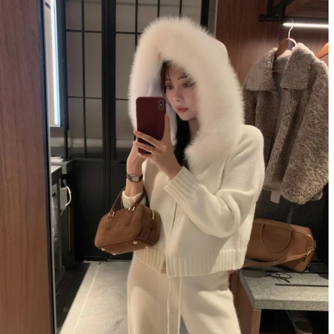 女加厚毛衣外套大毛领连帽拉链慵懒千金风开衫秋冬高级感针织衫