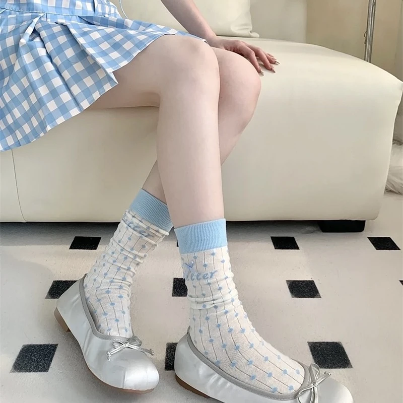 衣人花/袜子女春夏薄中筒蝴蝶结波点甜美萝莉蕾丝洛丽塔小腿袜