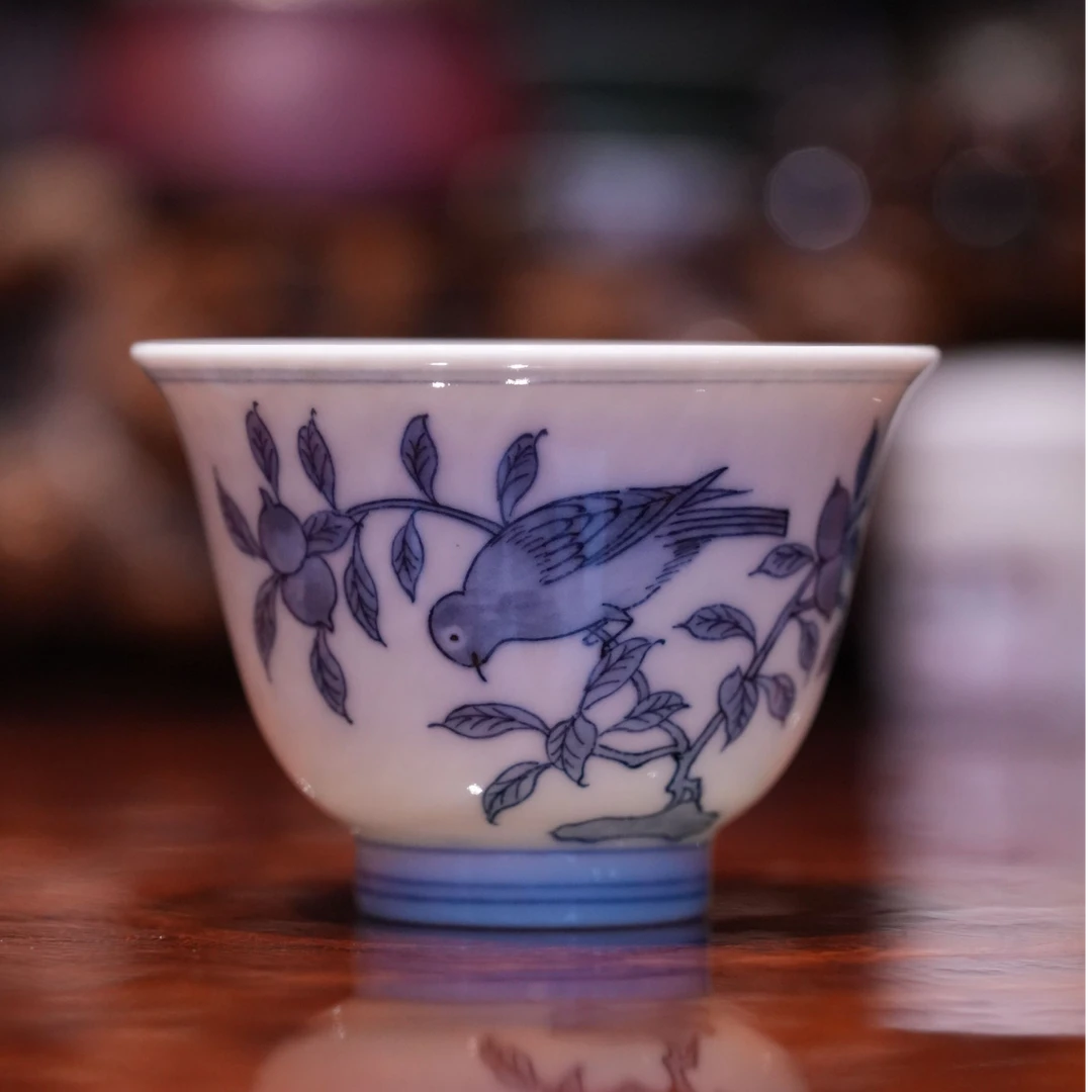 春风祥玉主人杯缠枝青花花鸟小杯陶瓷手绘铃铛杯